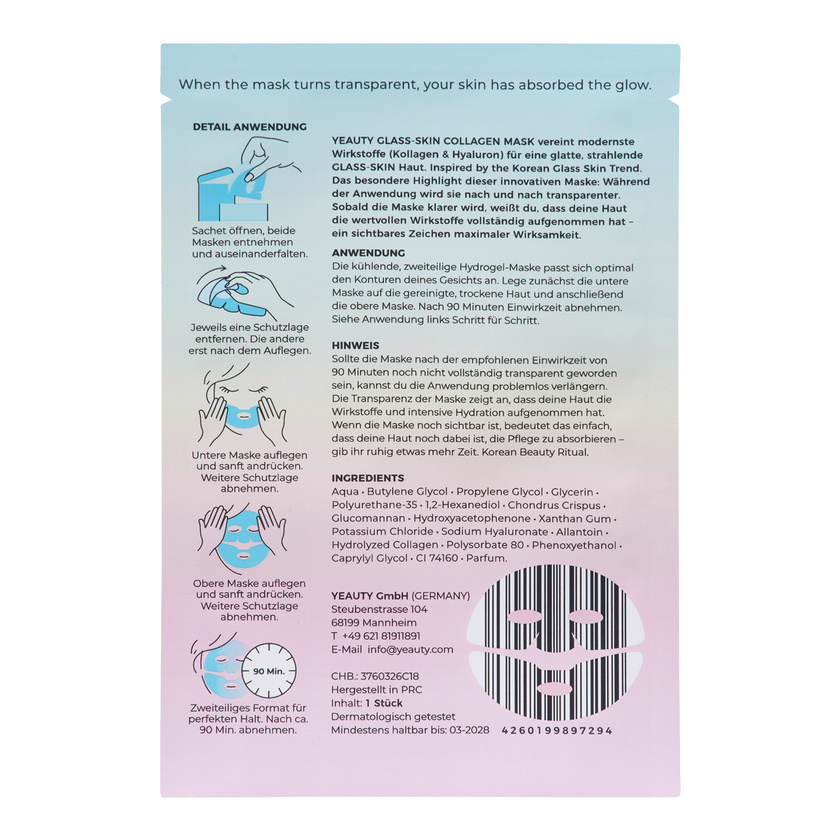 Rückseite von YEAUTY Hydrogel Gesichtsmaske Kollagen & Hyaluron Glass Skin Effekt