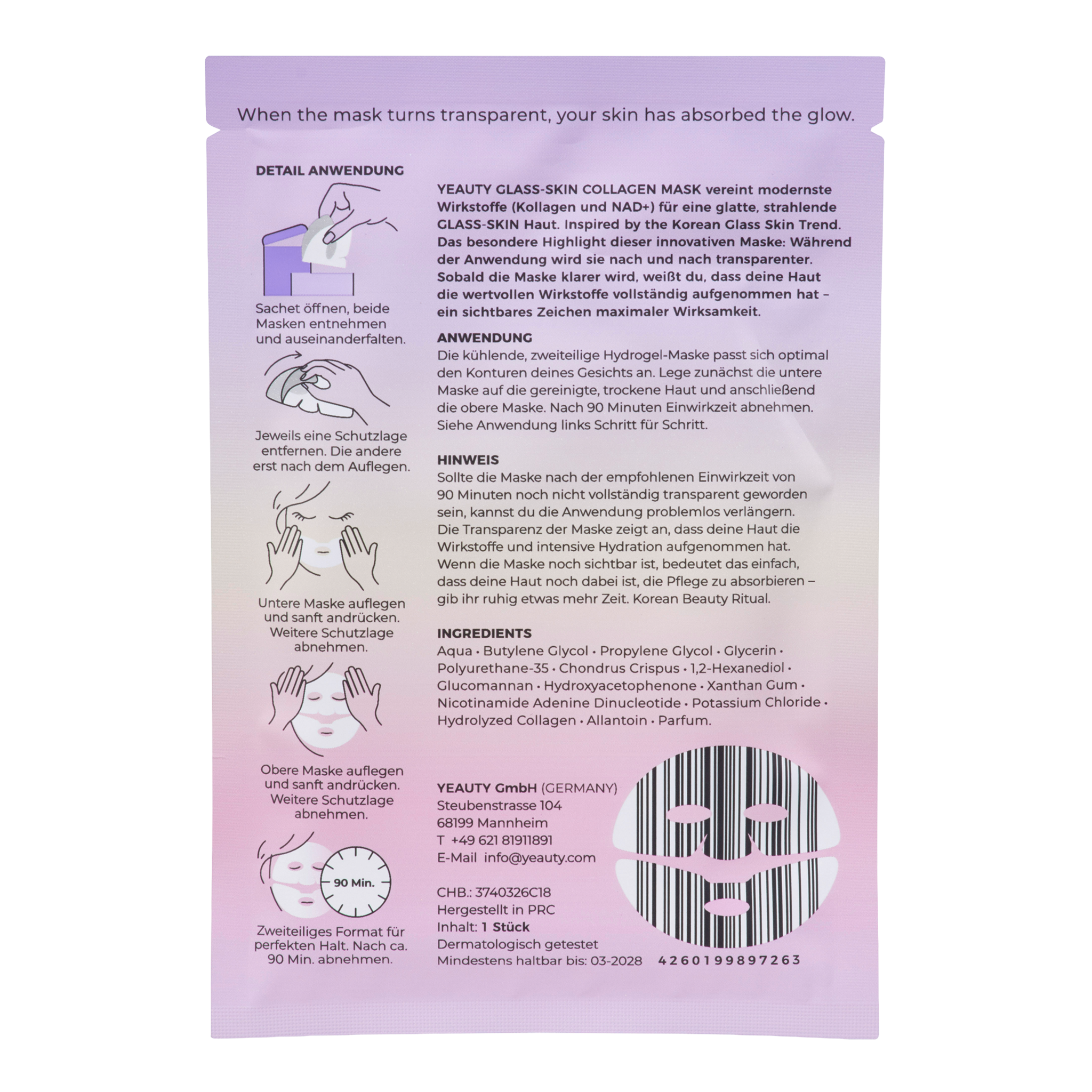 Rückseite von YEAUTY Hydrogel Gesichtsmaske Kollagen & NAD+ Glass Skin Effekt