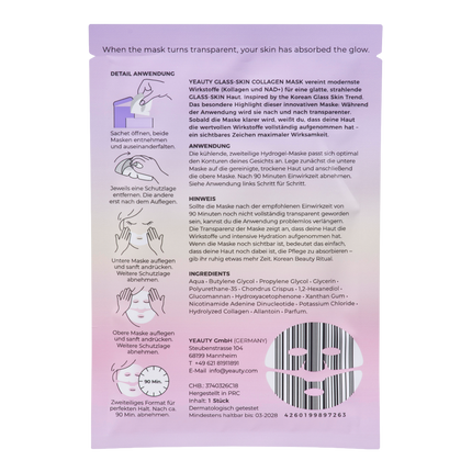 Rückseite von YEAUTY Hydrogel Gesichtsmaske Kollagen & NAD+ Glass Skin Effekt