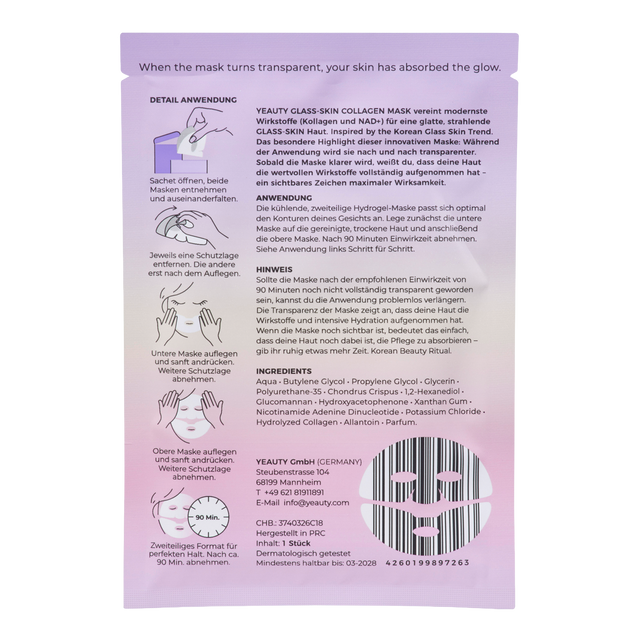 Rückseite von YEAUTY Hydrogel Gesichtsmaske Kollagen & NAD+ Glass Skin Effekt