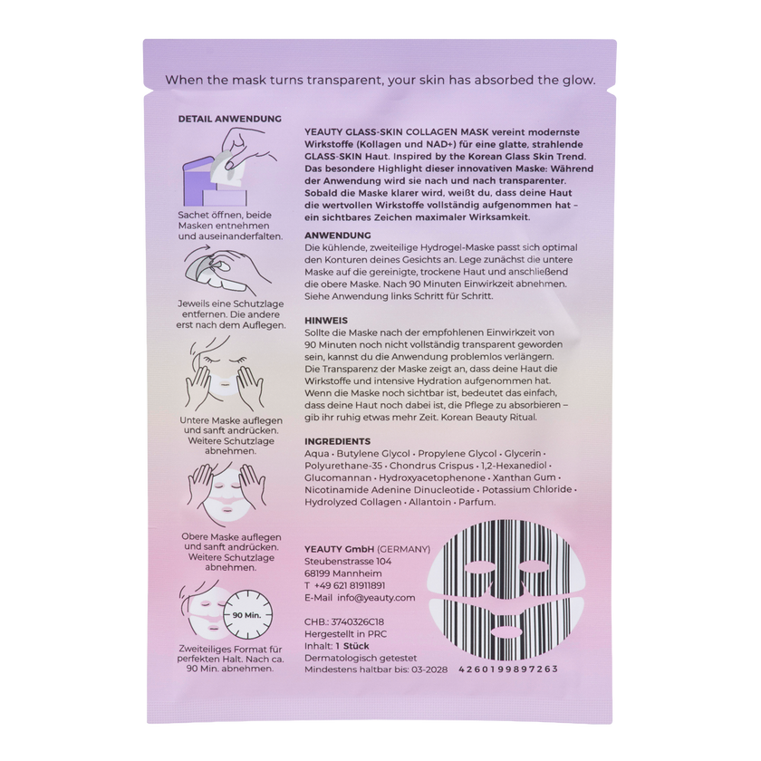 Rückseite von YEAUTY Hydrogel Gesichtsmaske Kollagen & NAD+ Glass Skin Effekt