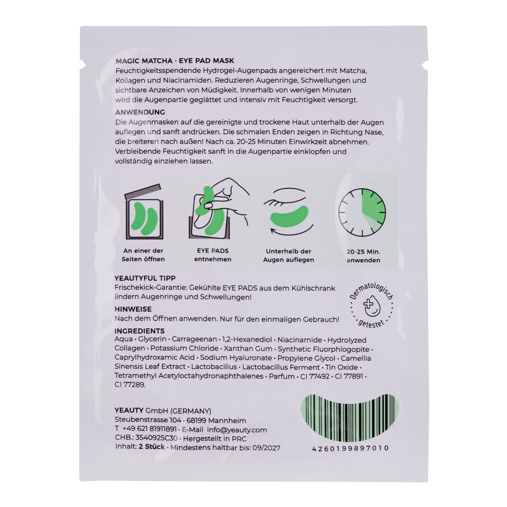 Rückseite von YEAUTY Eye Pad Mask Magic Matcha
