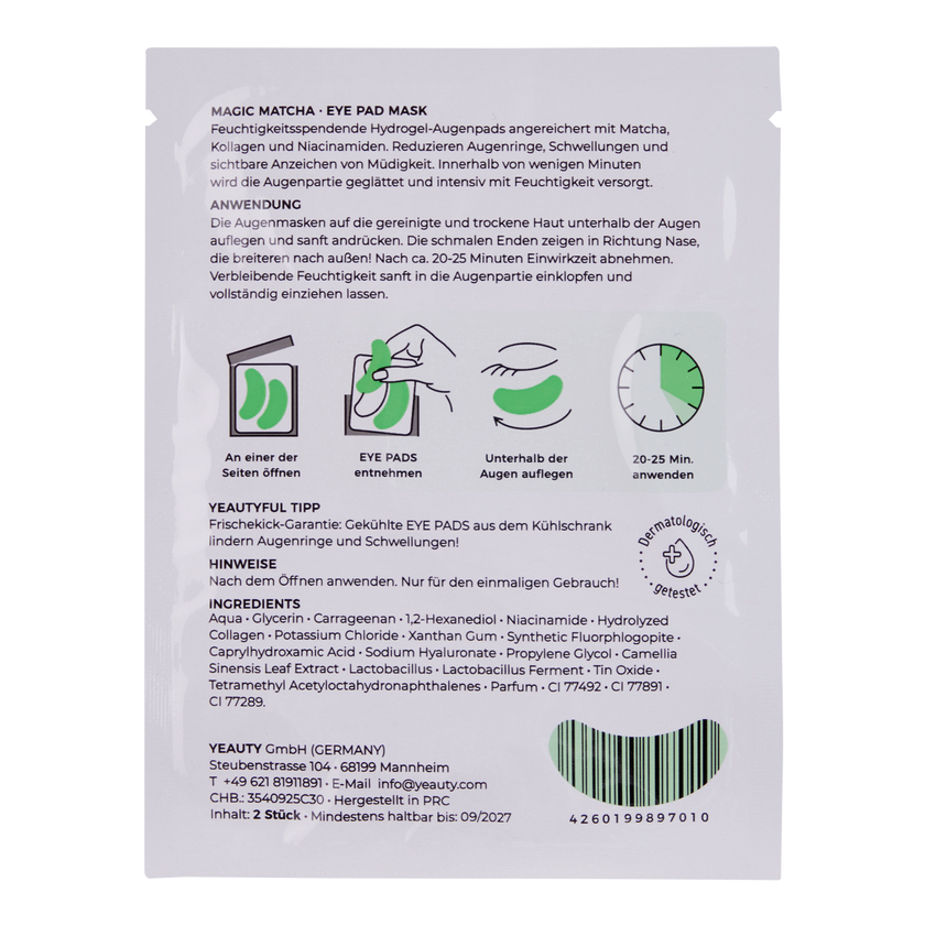 Rückseite von YEAUTY Eye Pad Mask Magic Matcha