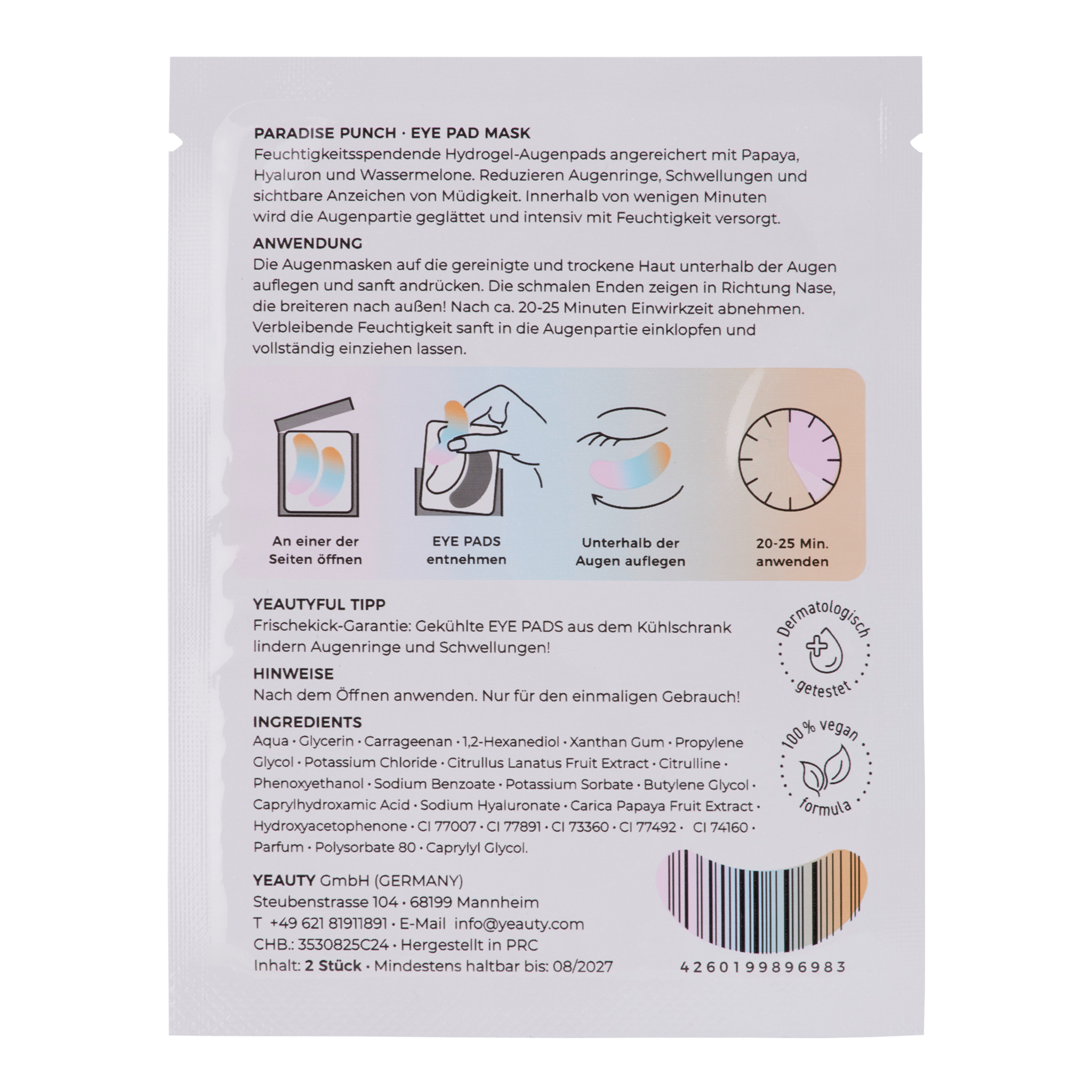 Rückseite von YEAUTY Eye Pad Mask Paradise Punch