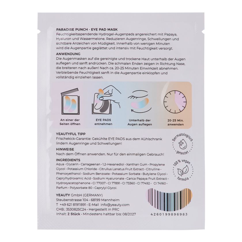 Rückseite von YEAUTY Eye Pad Mask Paradise Punch