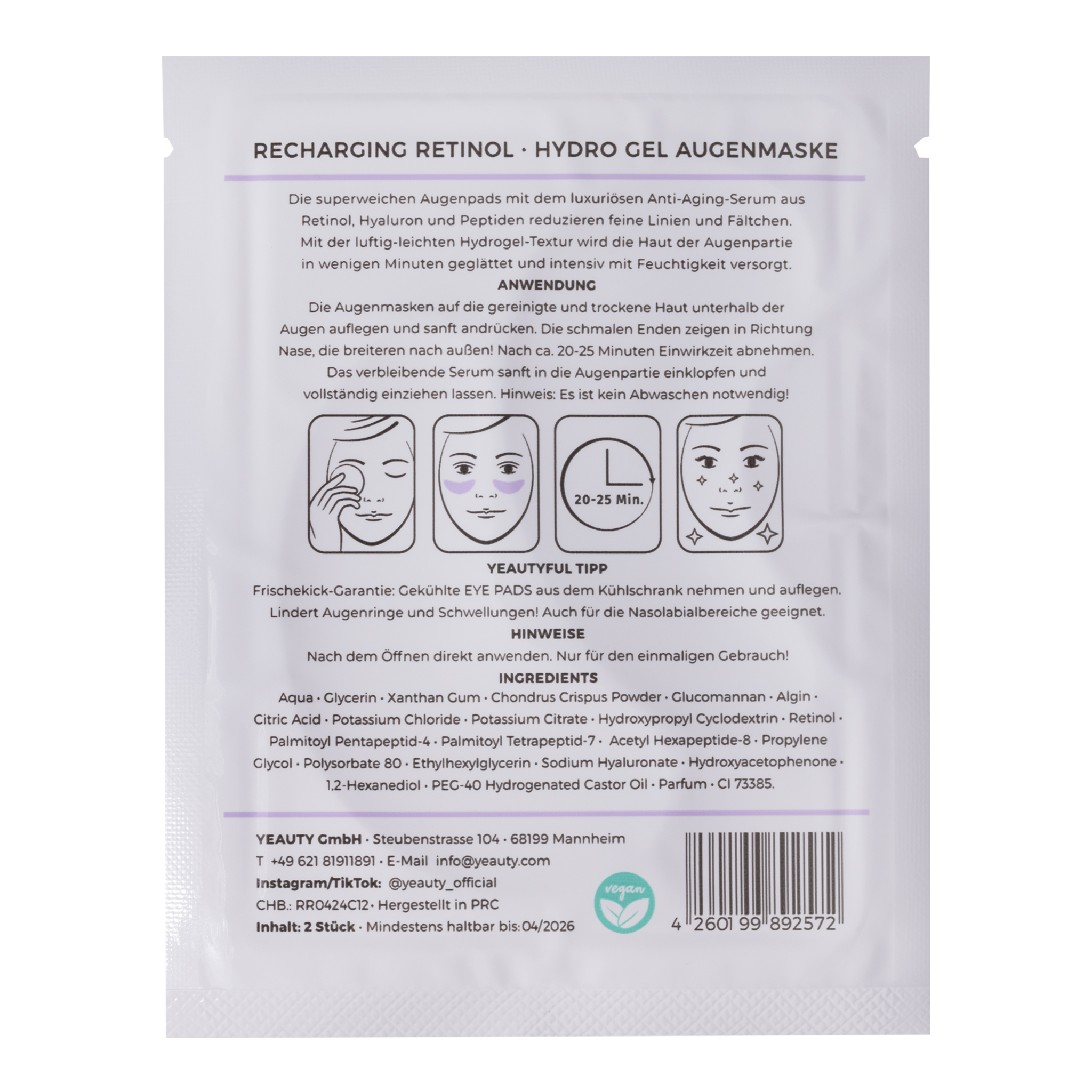 Rückseite von YEAUTY Eye Pad Mask Recharging Retinol