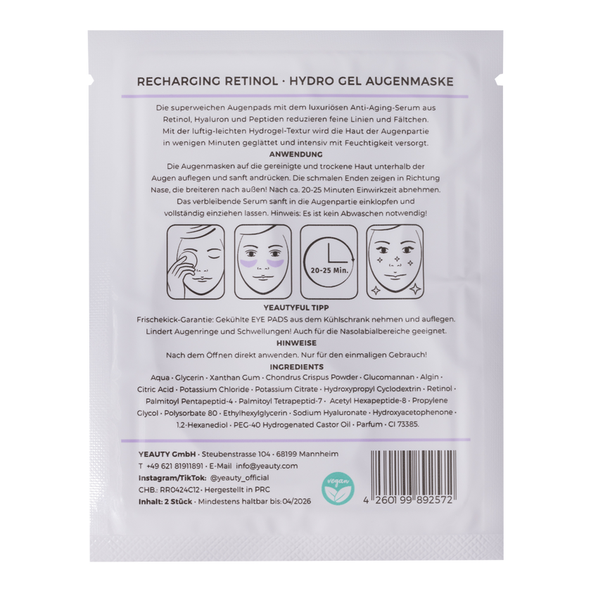 Rückseite von YEAUTY Eye Pad Mask Recharging Retinol