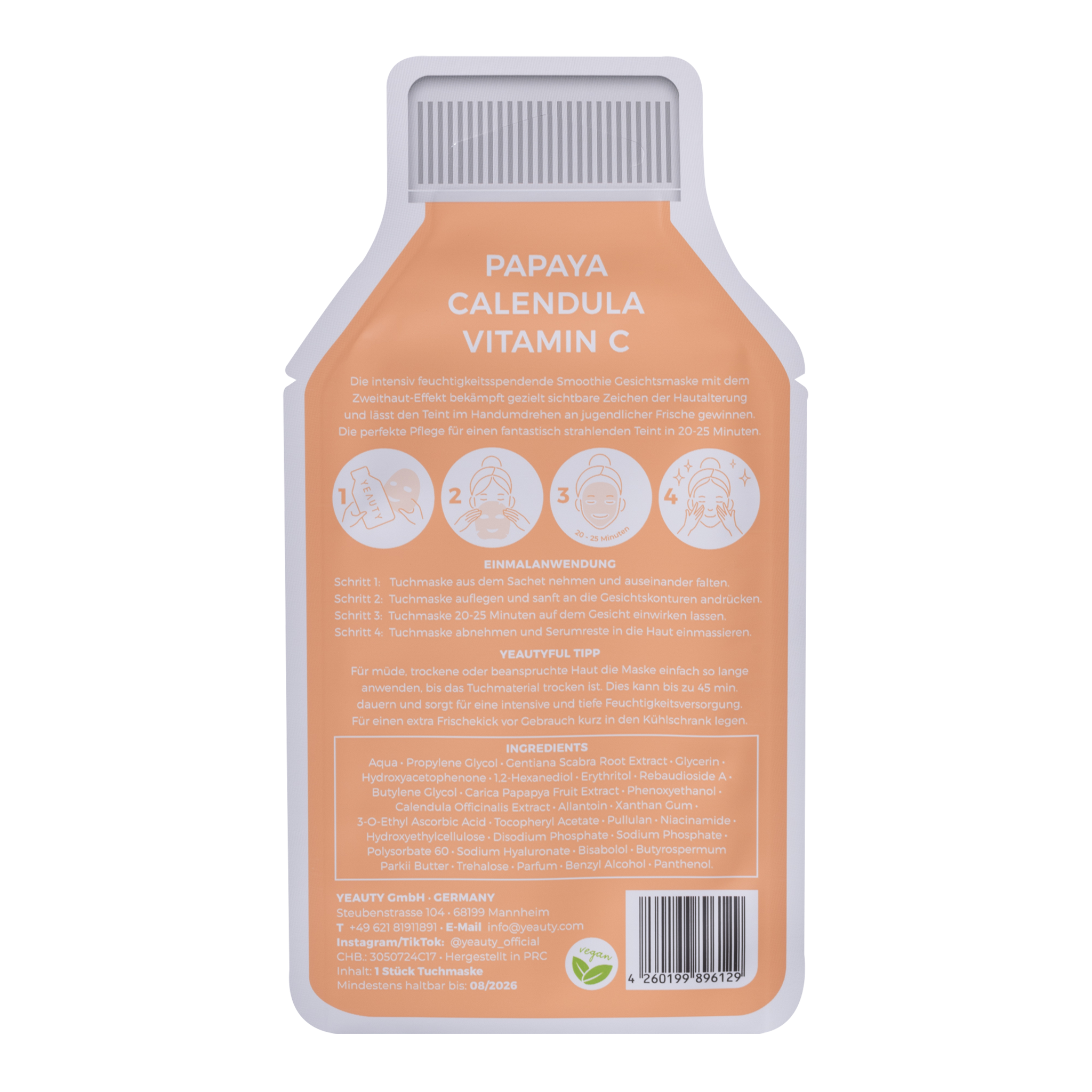 Rückseite von YEAUTY Tuchmaske Papaya Calendula Vitamin C