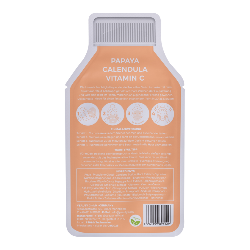 Rückseite von YEAUTY Tuchmaske Papaya Calendula Vitamin C