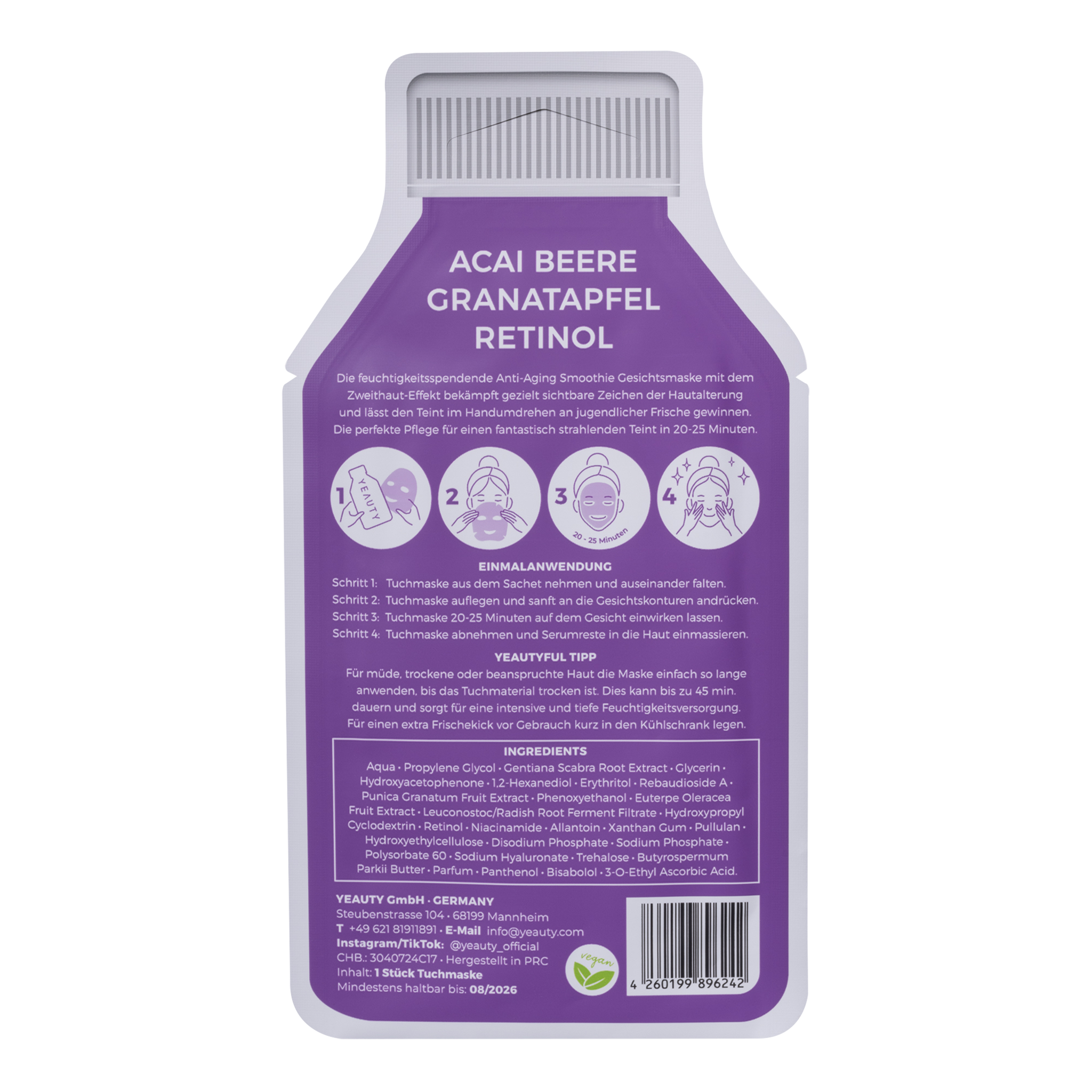 Rückseite von YEAUTY Tuchmaske Acai Berry Pomegranate Retinol