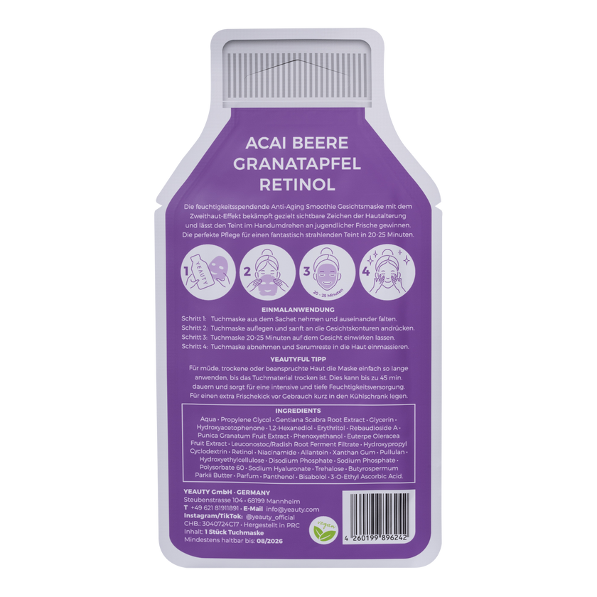 Rückseite von YEAUTY Tuchmaske Acai Berry Pomegranate Retinol