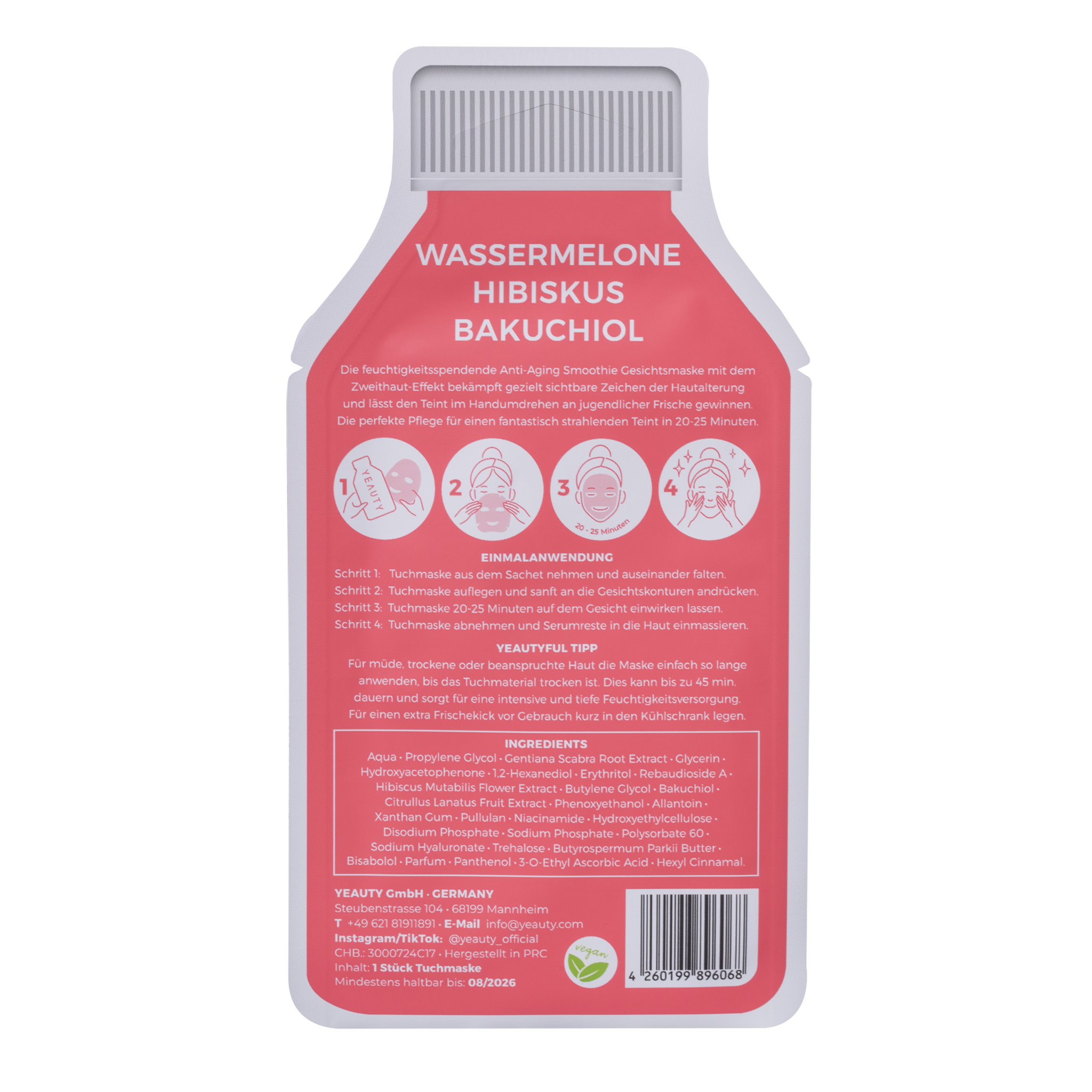 Rückseite von YEAUTY Tuchmaske Watermelon Hibiskus Bakuchiol