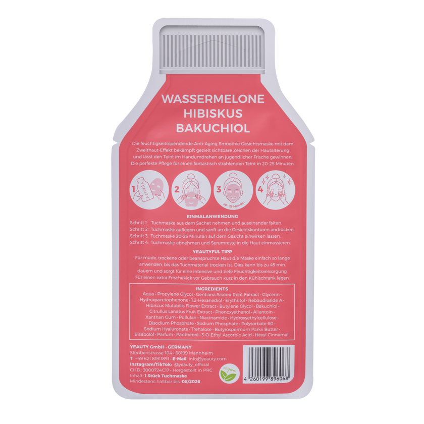 Rückseite von YEAUTY Tuchmaske Watermelon Hibiskus Bakuchiol