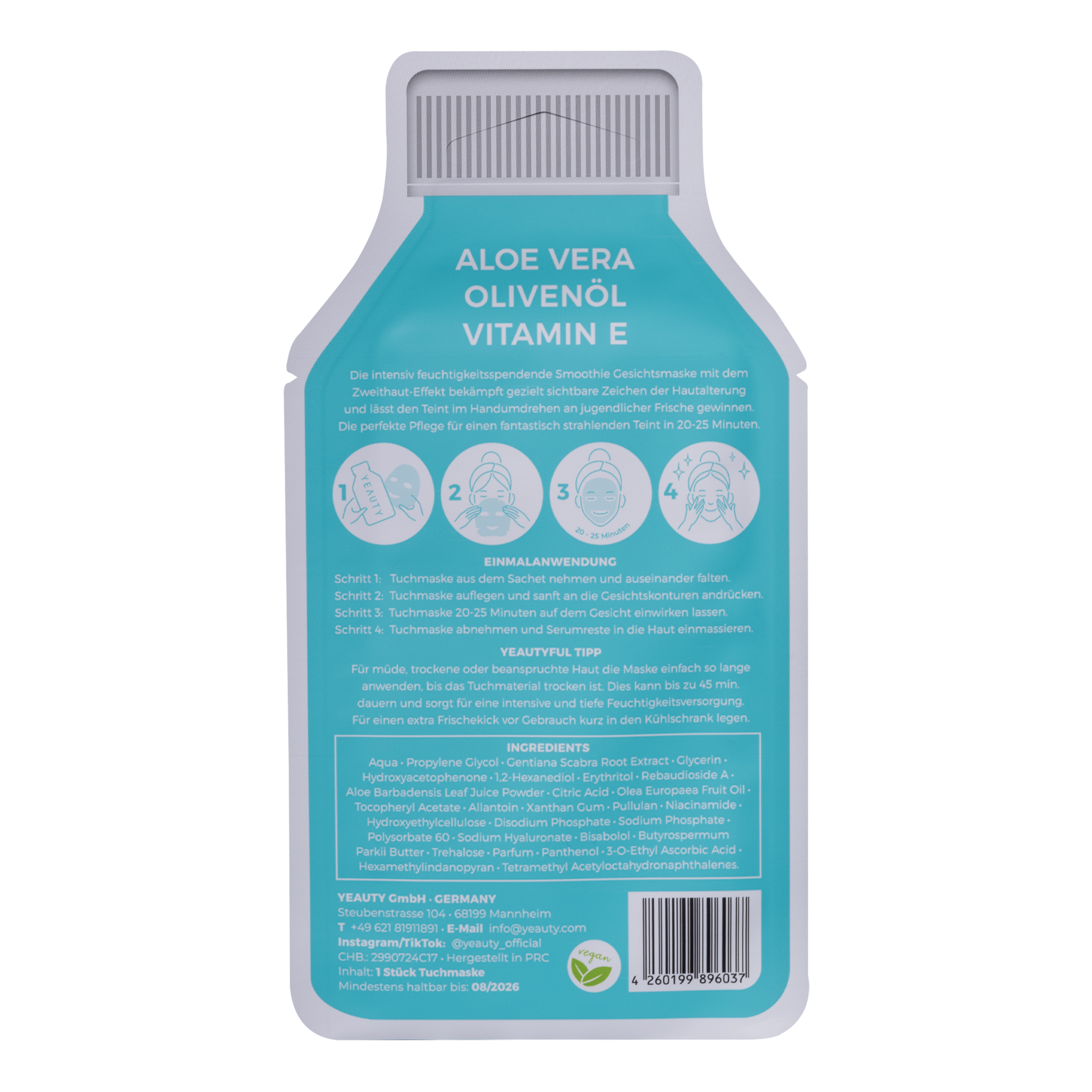 Rückseite von YEAUTY Tuchmaske Aloe Vera Olive Oil Vitamin E