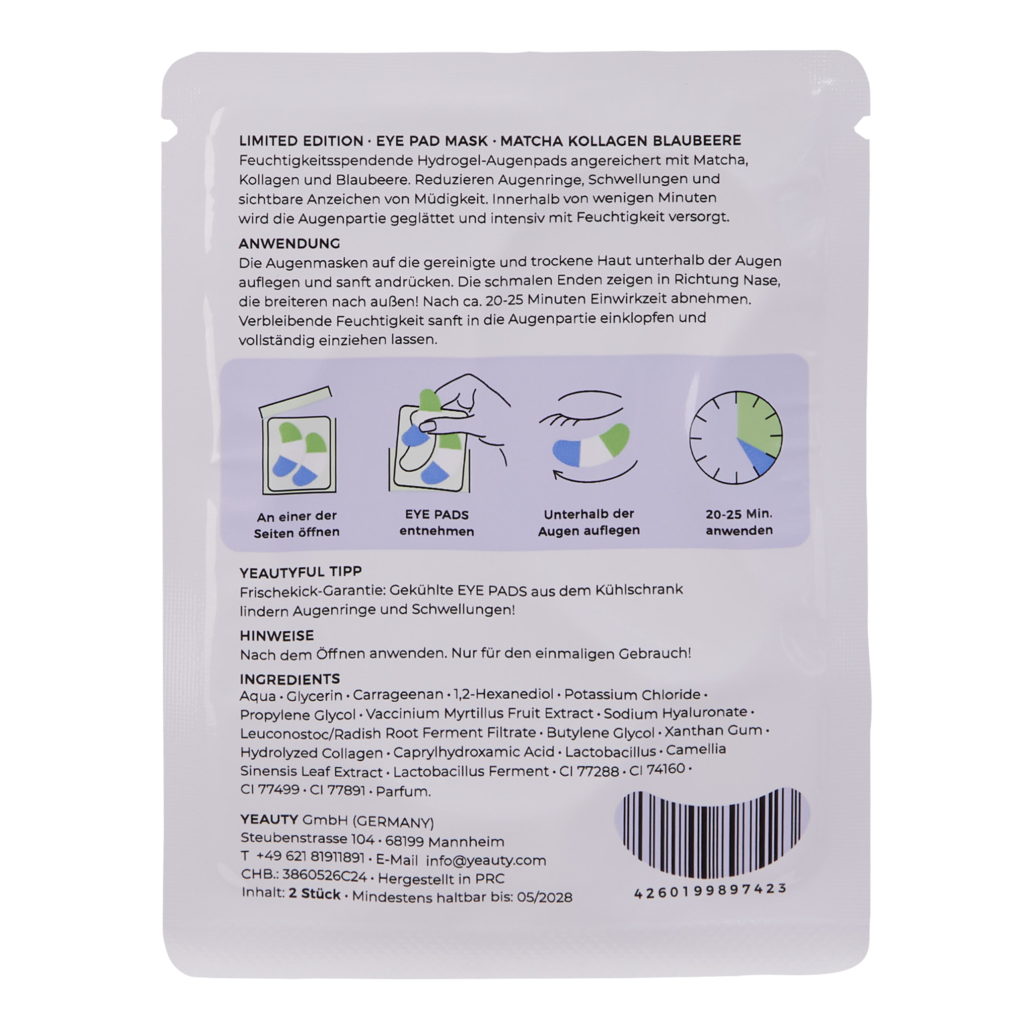 Rückseite von YEAUTY Matcha Collagen Blueberry Eye Pad Mask - 1 Paar
