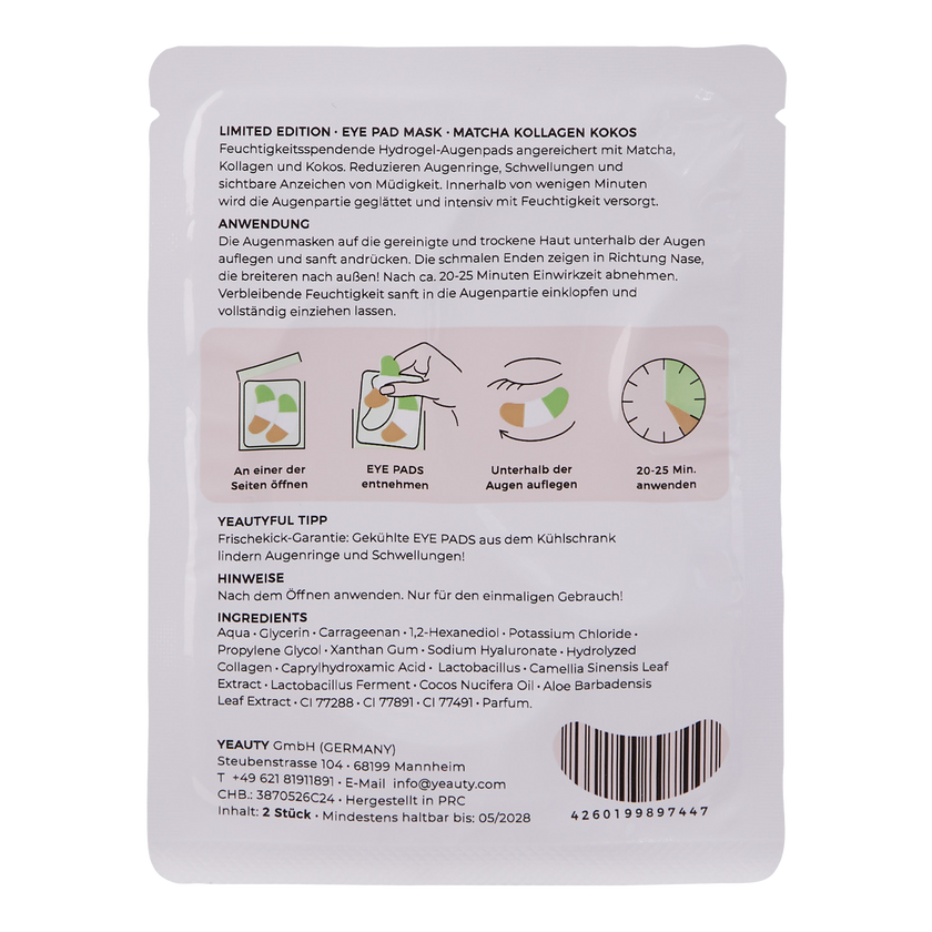 Rückseite von YEAUTY Matcha Collagen Coconut Eye Pad Mask - 1 Paar