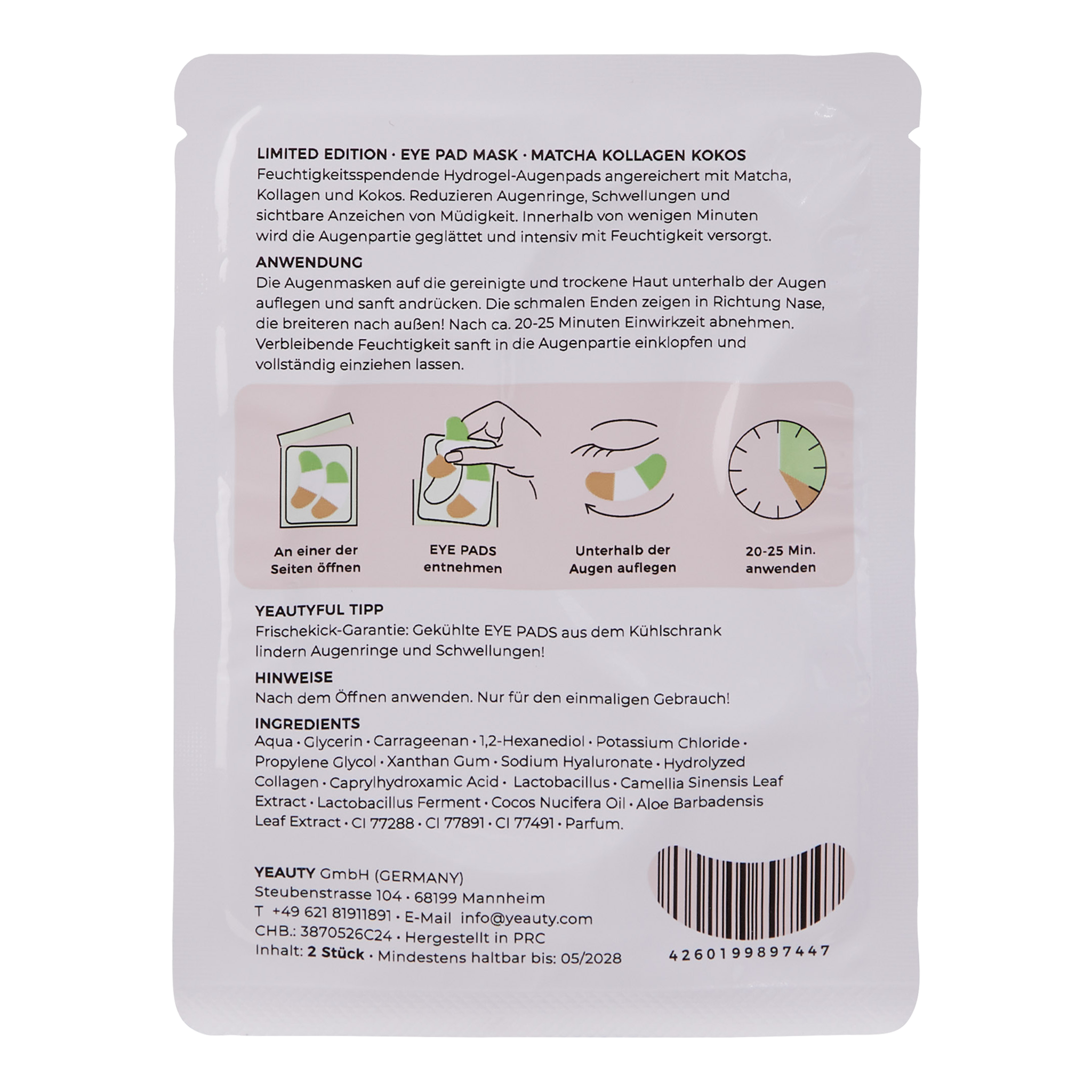 YEAUTY Matcha Collagen Coconut Eye Pad Mask - 25 Paar
