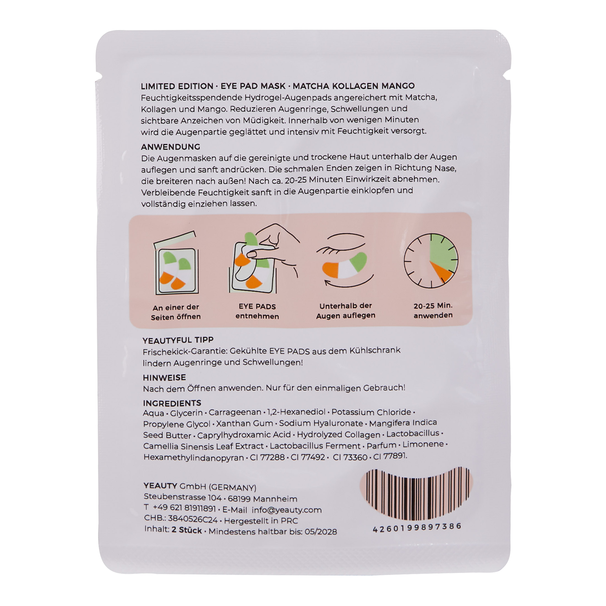 Rückseite von YEAUTY Matcha Collagen Mango Eye Pad Mask - 1 Paar