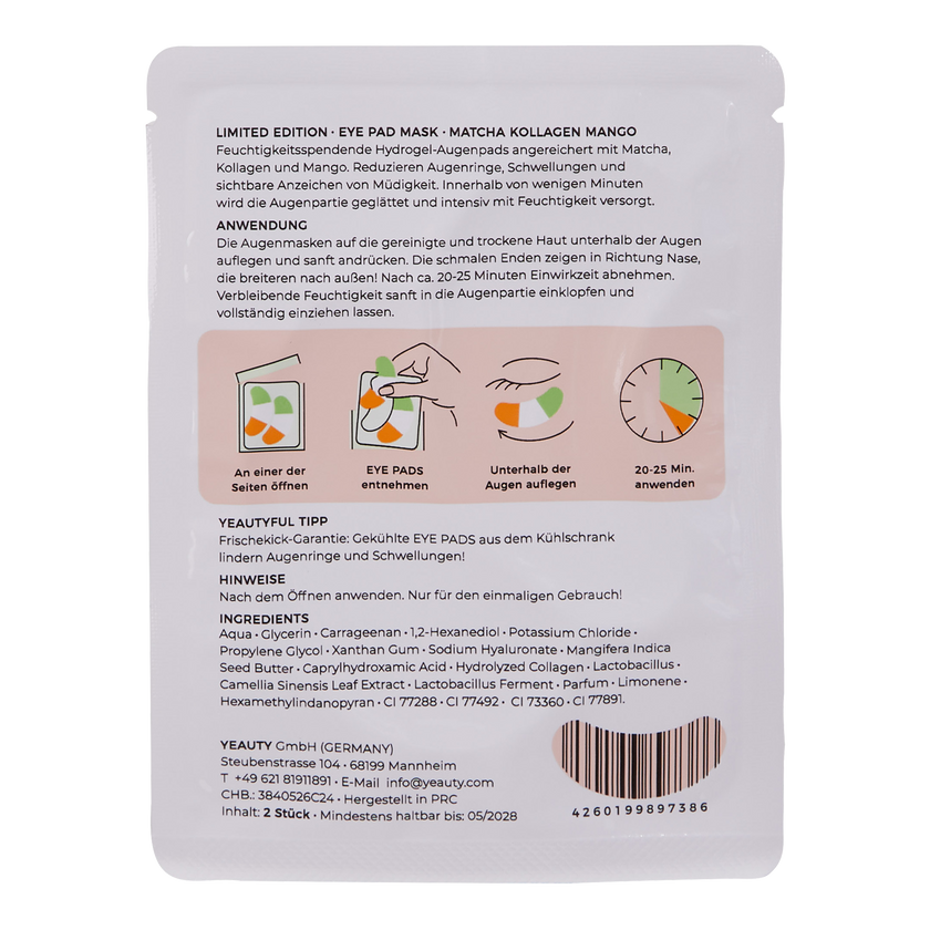 Rückseite von YEAUTY Matcha Collagen Mango Eye Pad Mask - 1 Paar