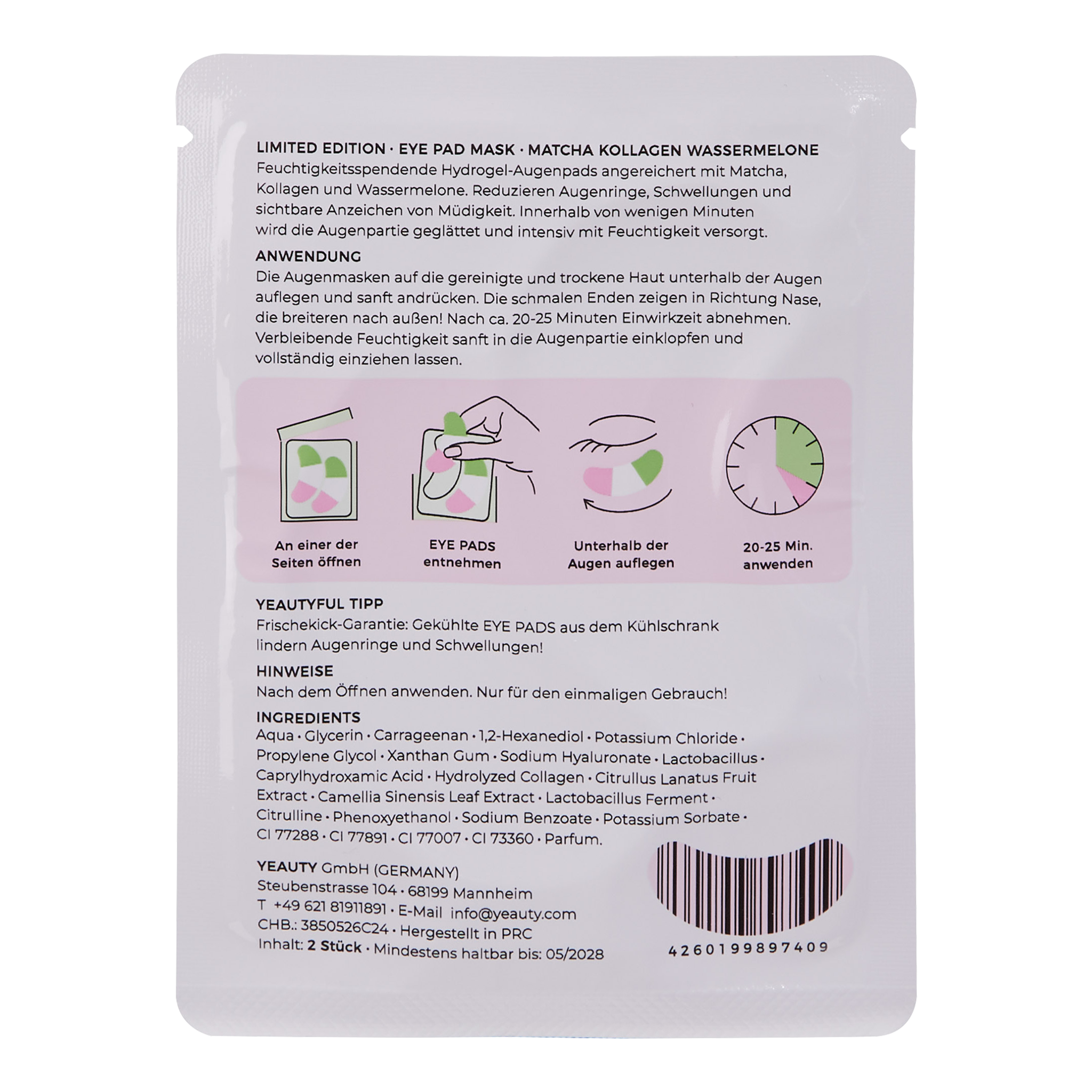 YEAUTY Matcha Collagen Watermelon Eye Pad Mask-25 Paar