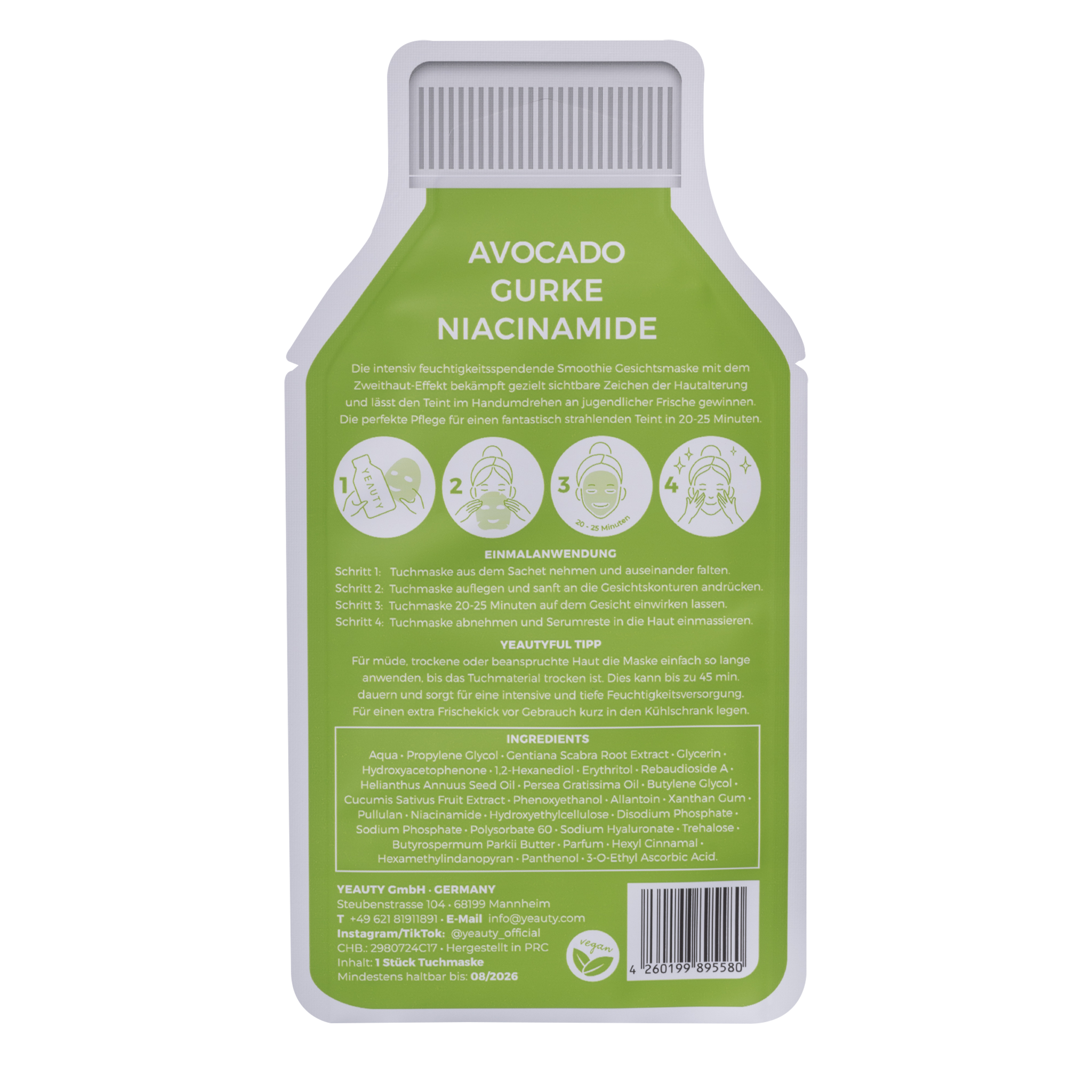 Rückseite von YEAUTY Tuchmaske Avocado Cucumber Niacinamide