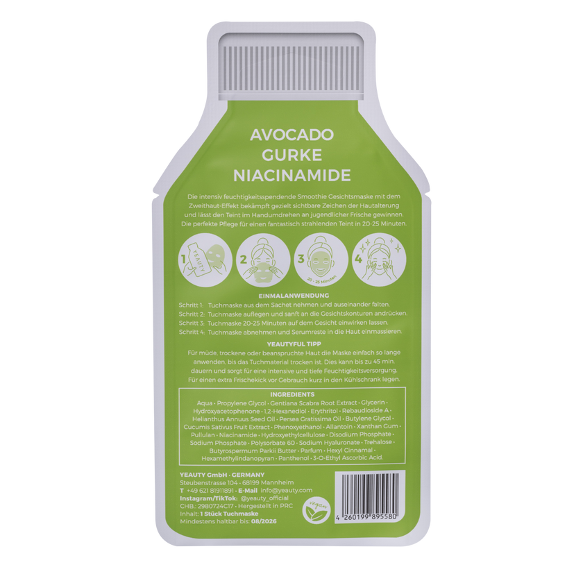 Rückseite von YEAUTY Tuchmaske Avocado Cucumber Niacinamide