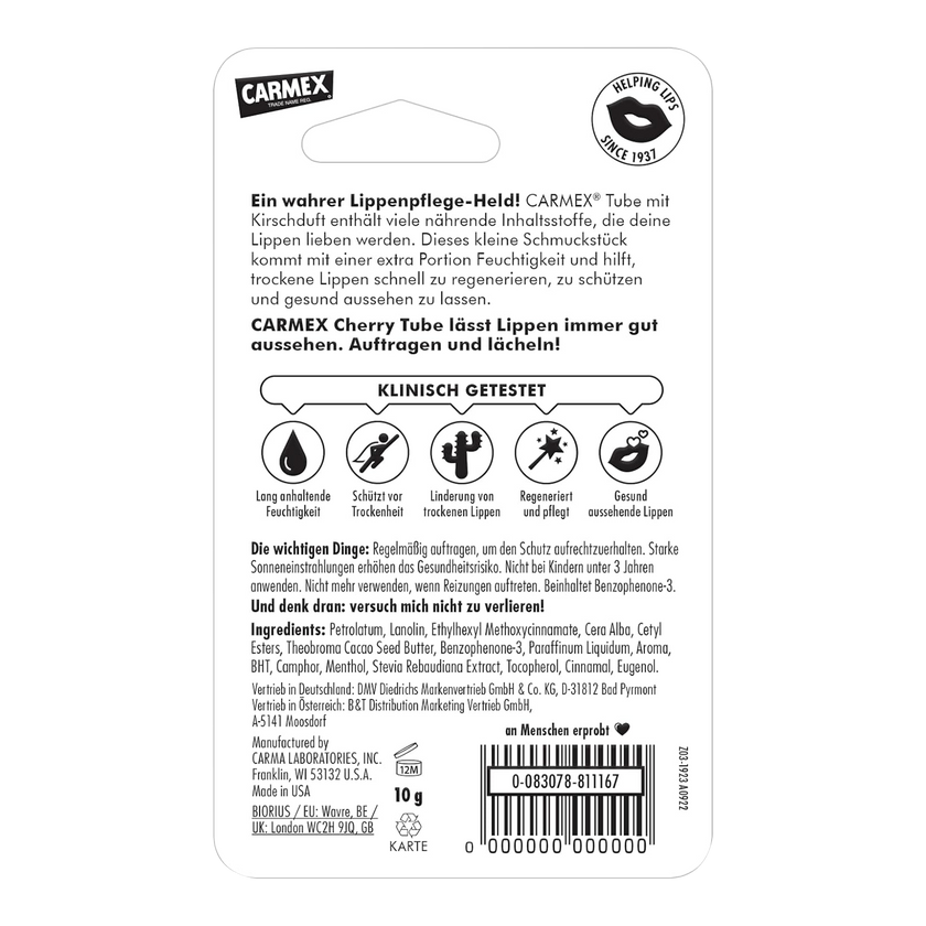 Rückseite von Carmex Kirsche Tube Blister