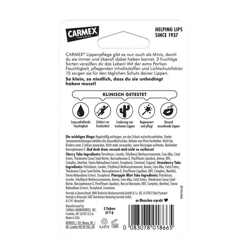Carmex Minis Strawberry/Pineapple Mint/Cherry - Blister Back