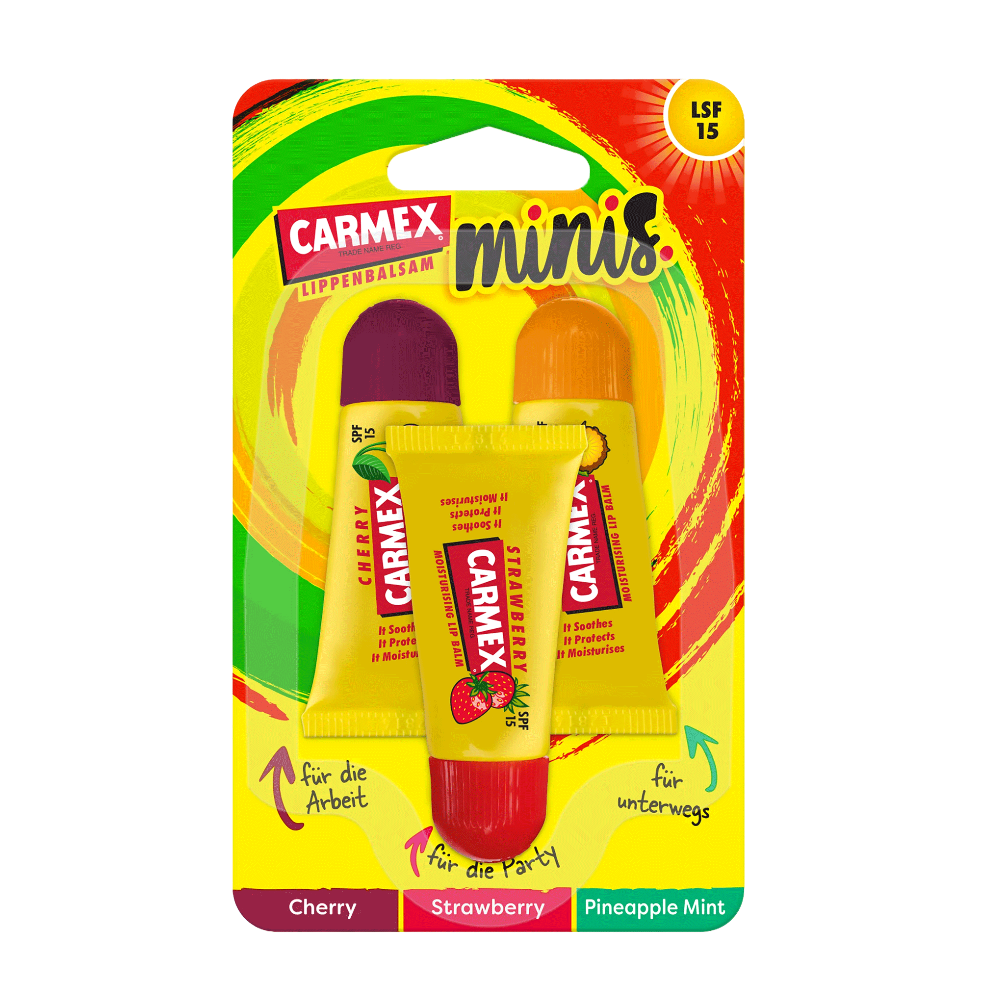 Carmex Minis Strawberry/Pineapple Mint/Cherry - Blister Front