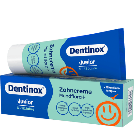Dentinox Zahncreme Mundflora Junior Verpackung und Tube