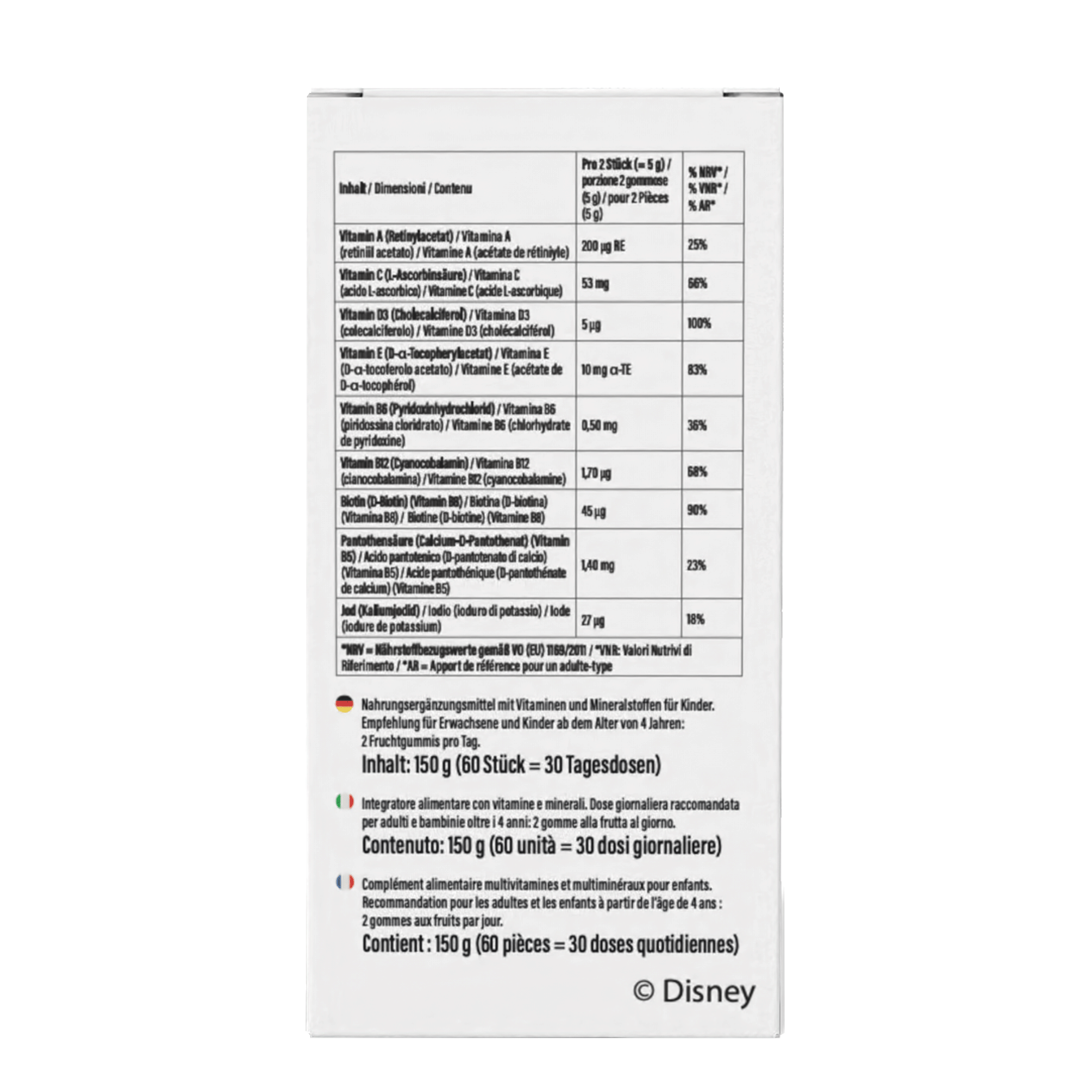 Rückseite von Disney Multivitamin-Fruchtgummis Die Eiskönigin