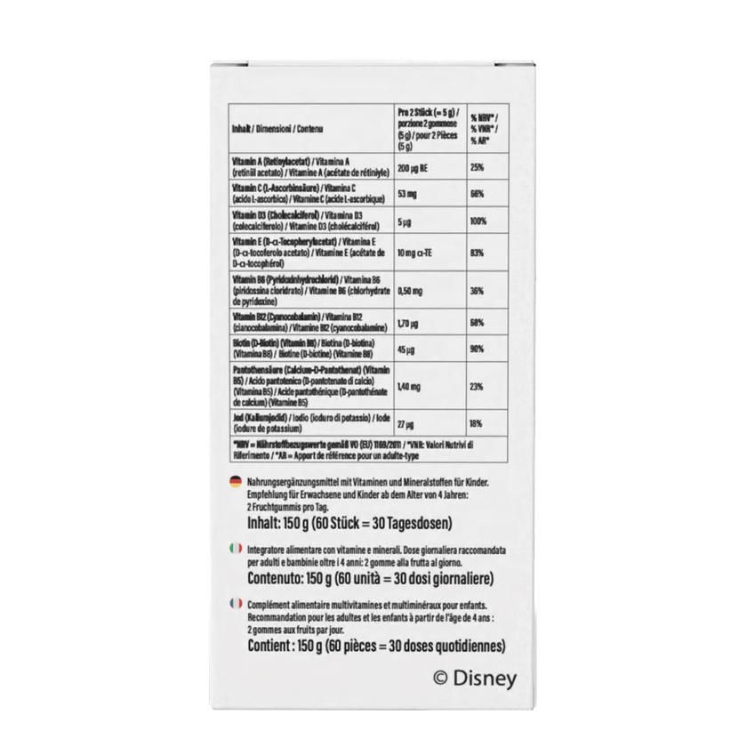 Rückseite von Disney Multivitamin-Fruchtgummis Die Eiskönigin