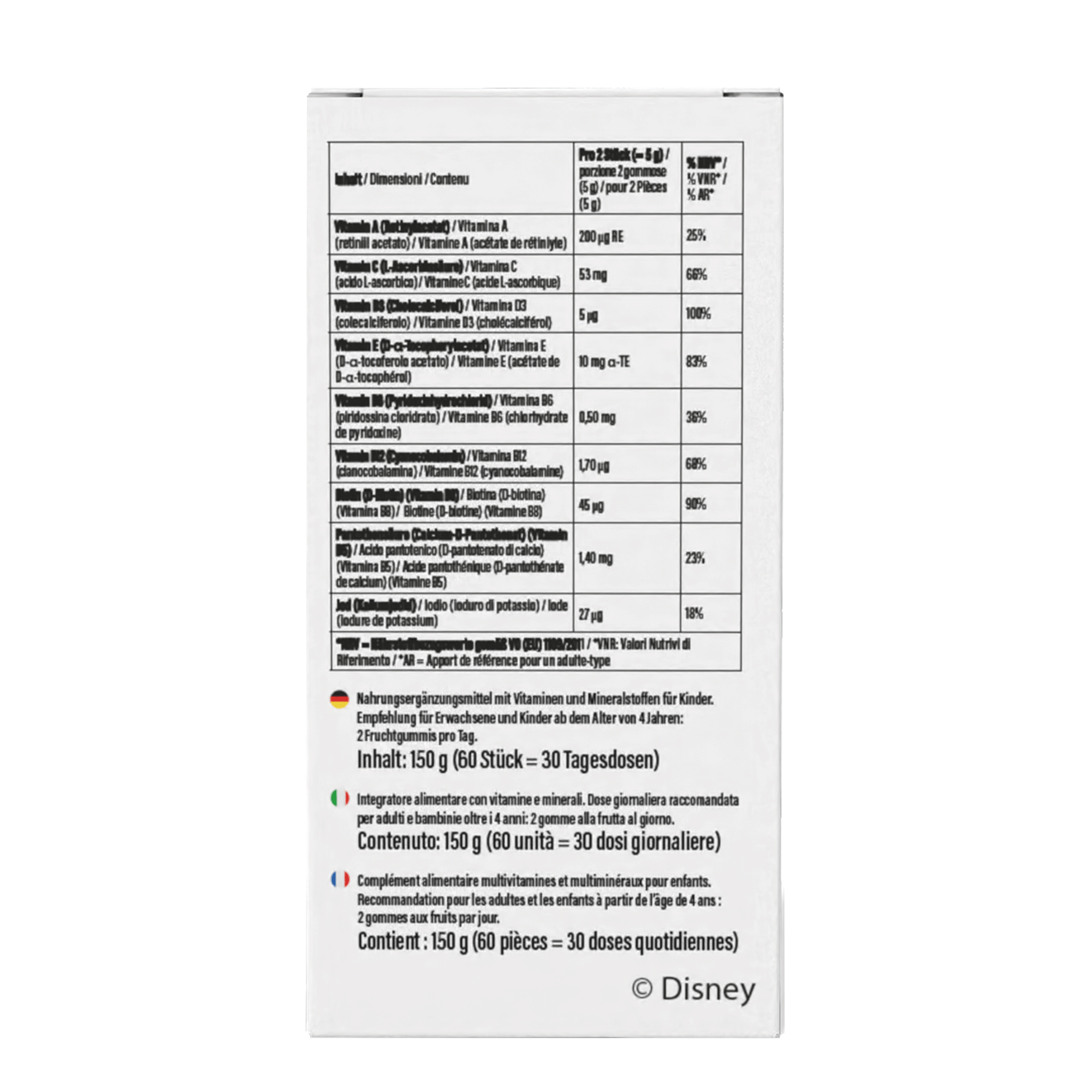 Rückseite von Disney Multivitamin-Fruchtgummis Cars