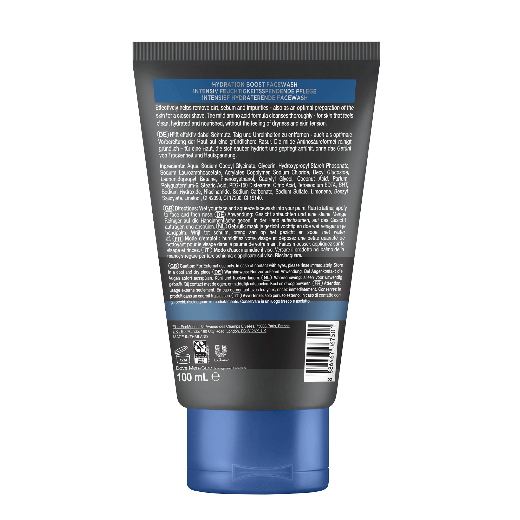 Rückseite von Dove Men+Care Face wash Hydration Boost