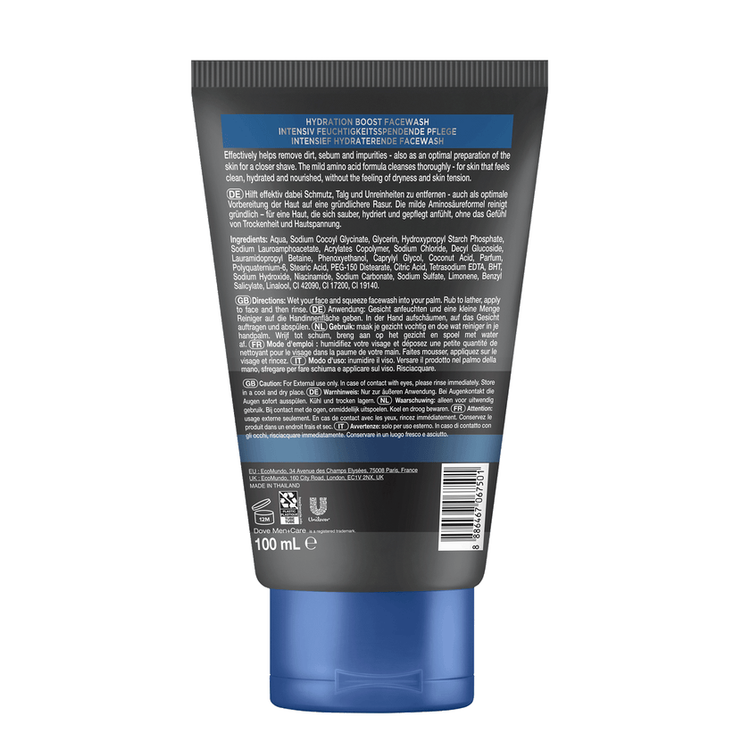 Rückseite von Dove Men+Care Face wash Hydration Boost