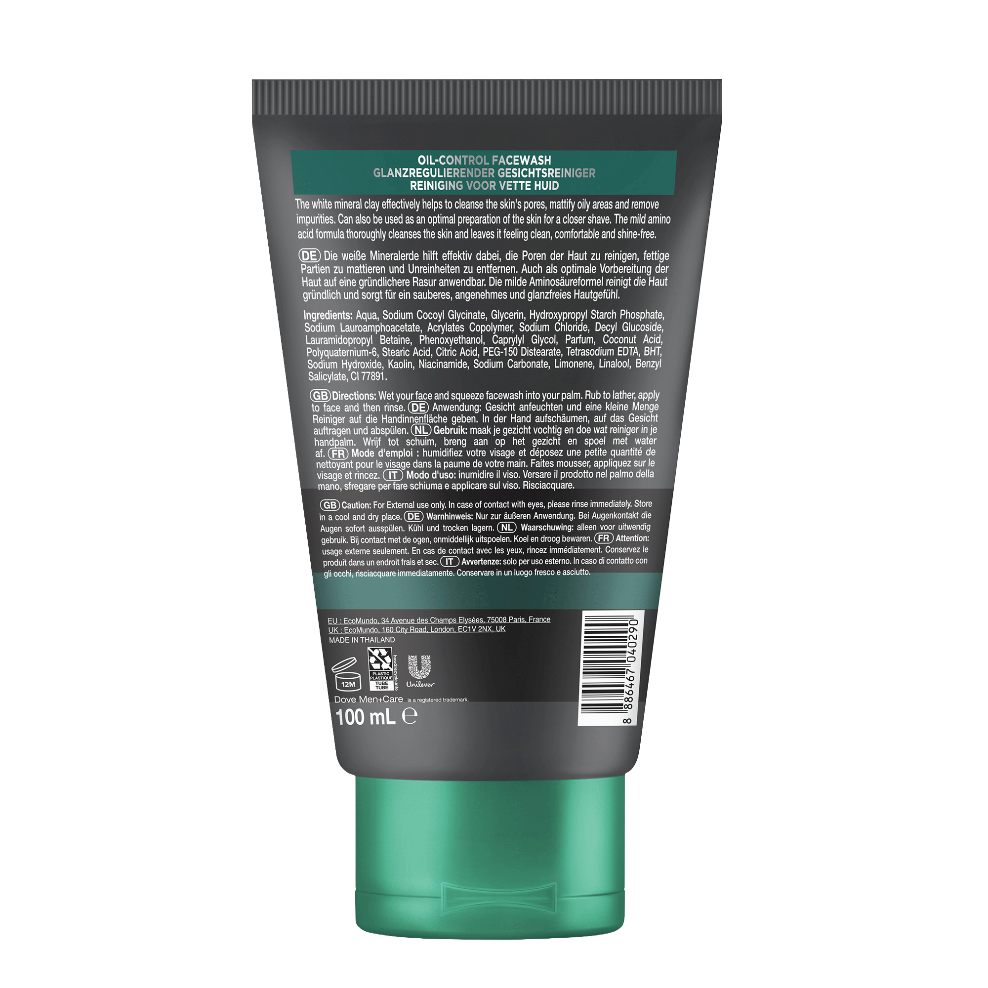 Rückseite von Dove Men+Care Face wash Oil Control