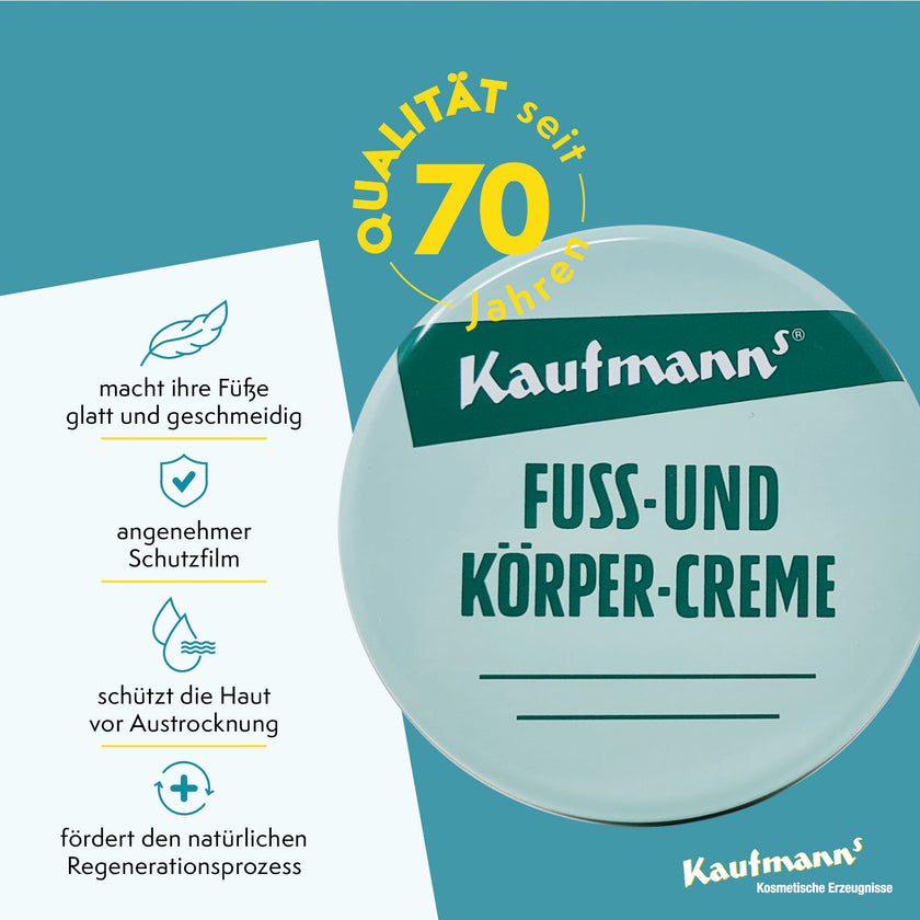 Kaufmanns Fuss- und Körper-Creme, macht ihre Füße glatt und geschmeidig. Zudem schützt Sie die Haut vor Austrocknung und bildet einen angenehmen Schutzfilm, 1x 50 ml