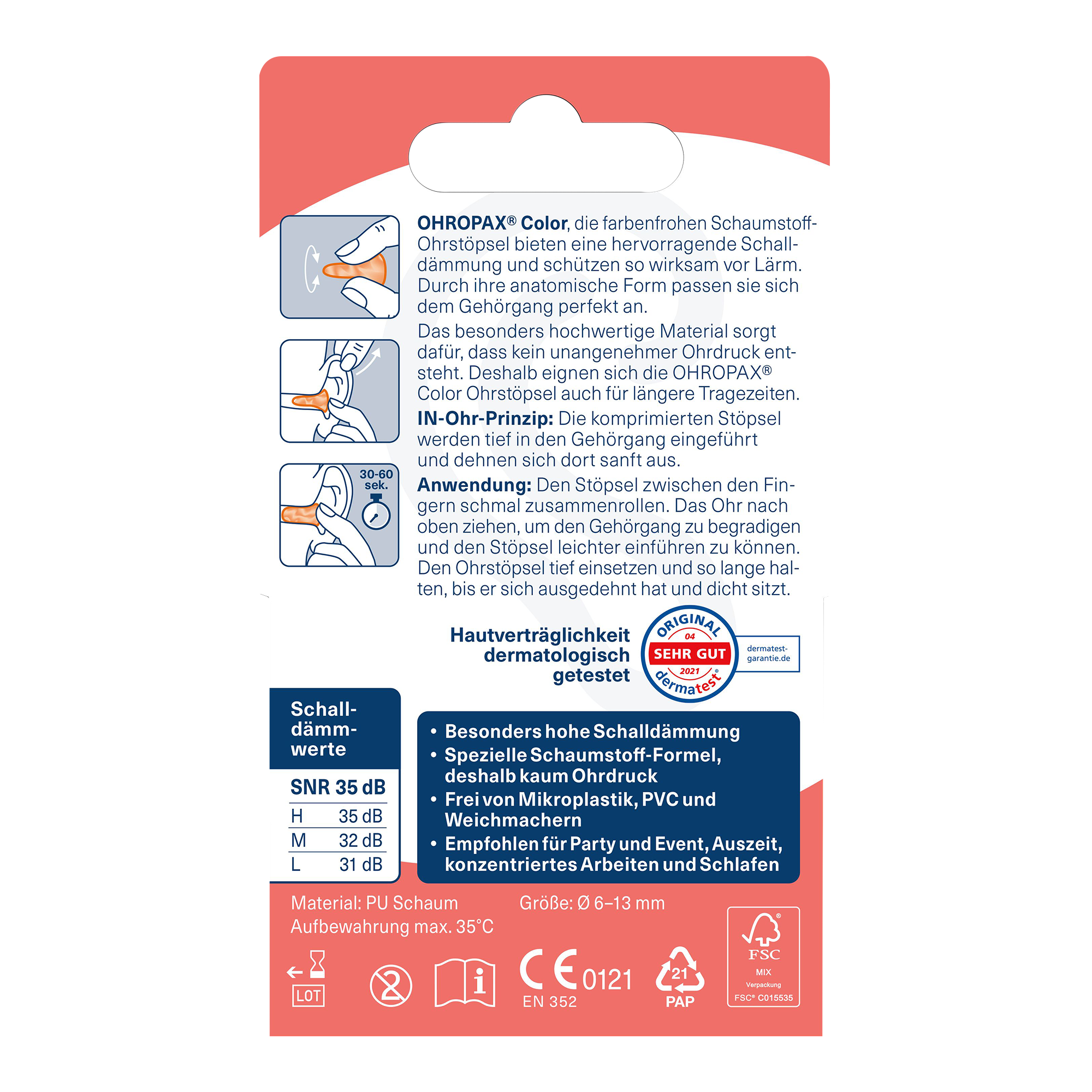 Rückseite von OHROPAX Color Ohrstöpsel 8 Stück