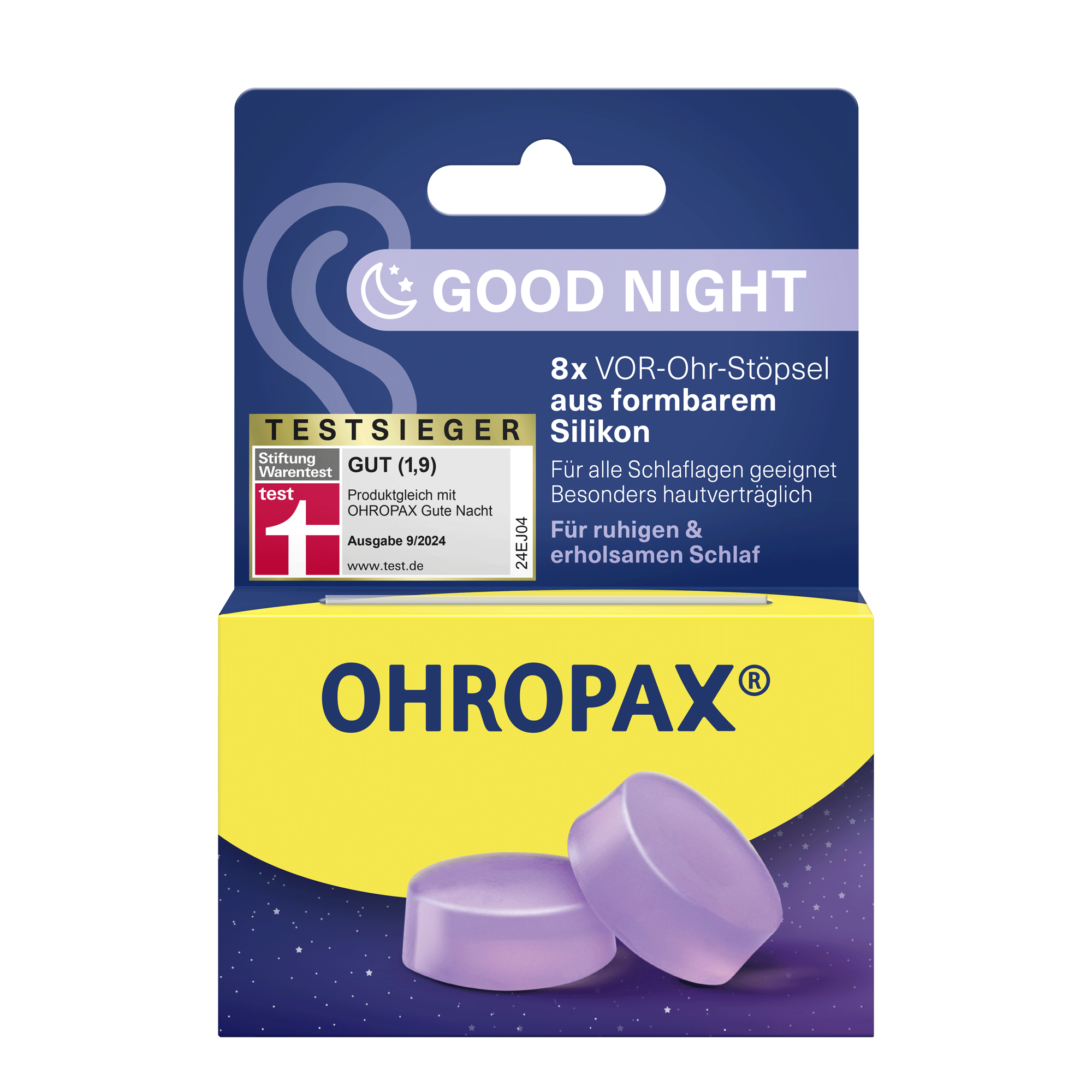 Vorderseite der Verpackung von Ohropax Good Night Ohrstöpsel 8 Stück