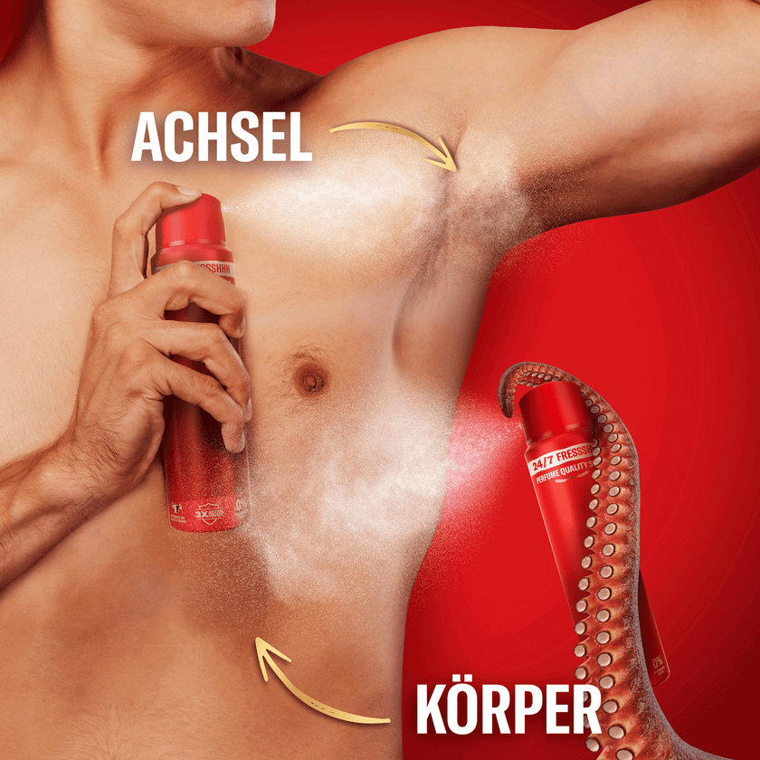 Mann der sich Old Spice Aerosol Bodyspray Captain XL unter die Achsel sprüht und Tintenfischtentakel