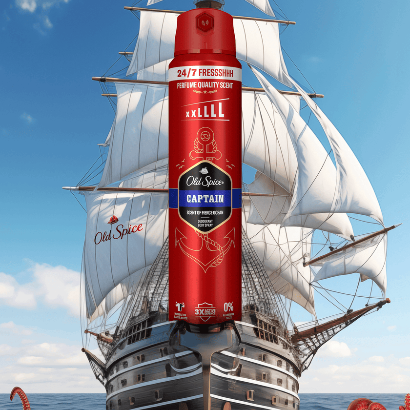 Segelschiff mit Old Spice Aerosol Bodyspray Captain XL davor