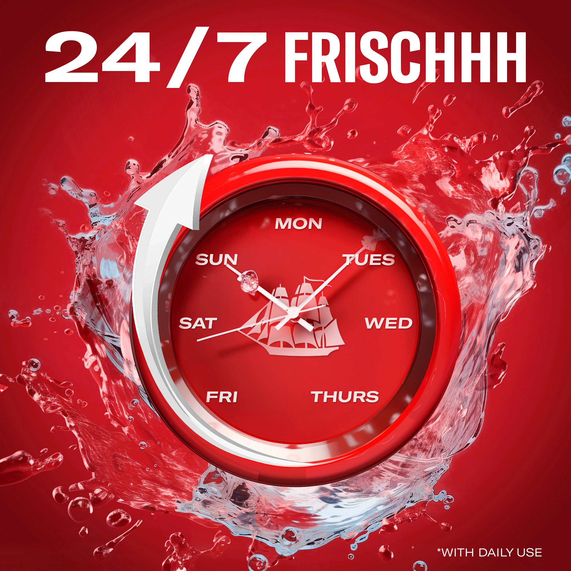 Uhr auf Wasserspritzern auf rotem Hintergrund