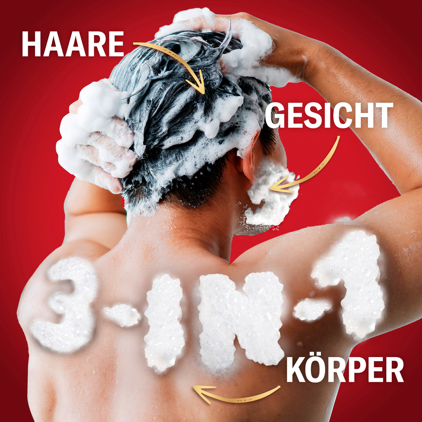 Mann, der sich die Haare mit Old Spice 3in1 Shower Gel Captain XL einschäumt und Schrift, die zeigt, wofür man Old Spice 3in1 Shower Gel Captain XL einsetzen kann