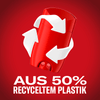 Roter Deostick mit weißen Recyclingpfeilen drumrum auf rotem Hintergrund und weißer Schrift