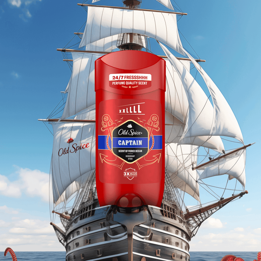 Schiff mit Old Spice Deo Stick Captain XL vorn am Bug