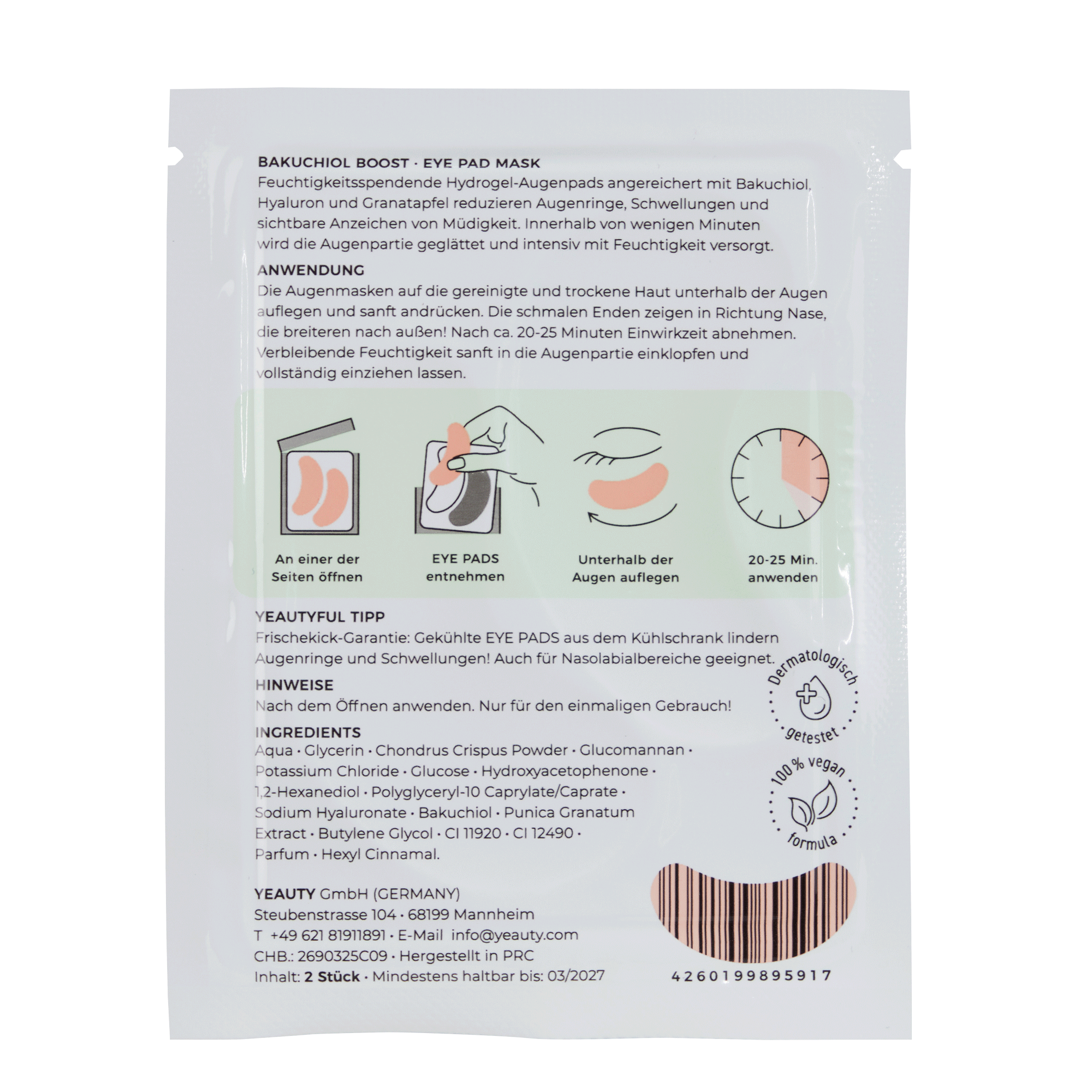 Rückseite von YEAUTY Eye Pad Mask Bakuchiol Boost