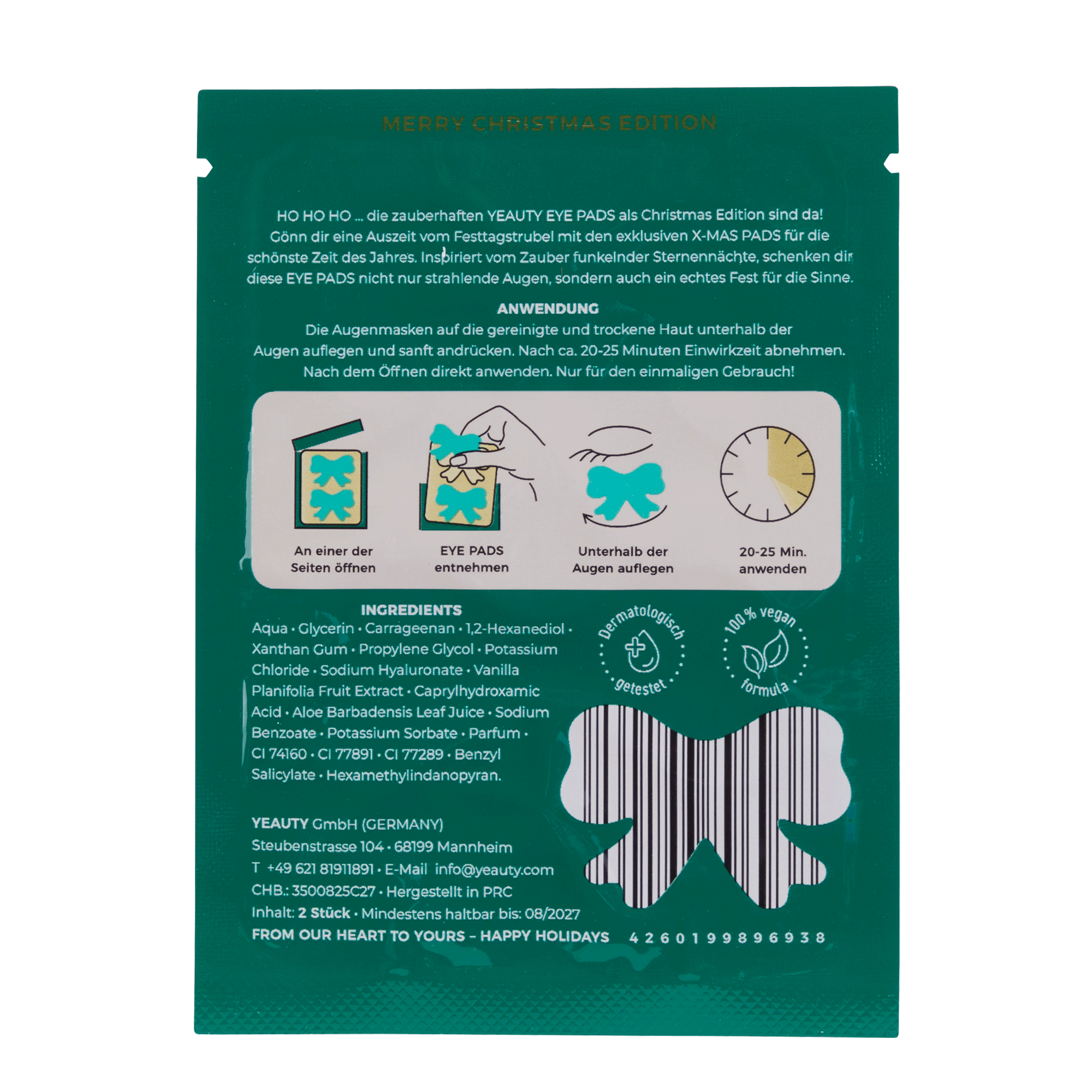 Rückseite von YEAUTY X-MAS Eye Pad Mask Aloe Vera