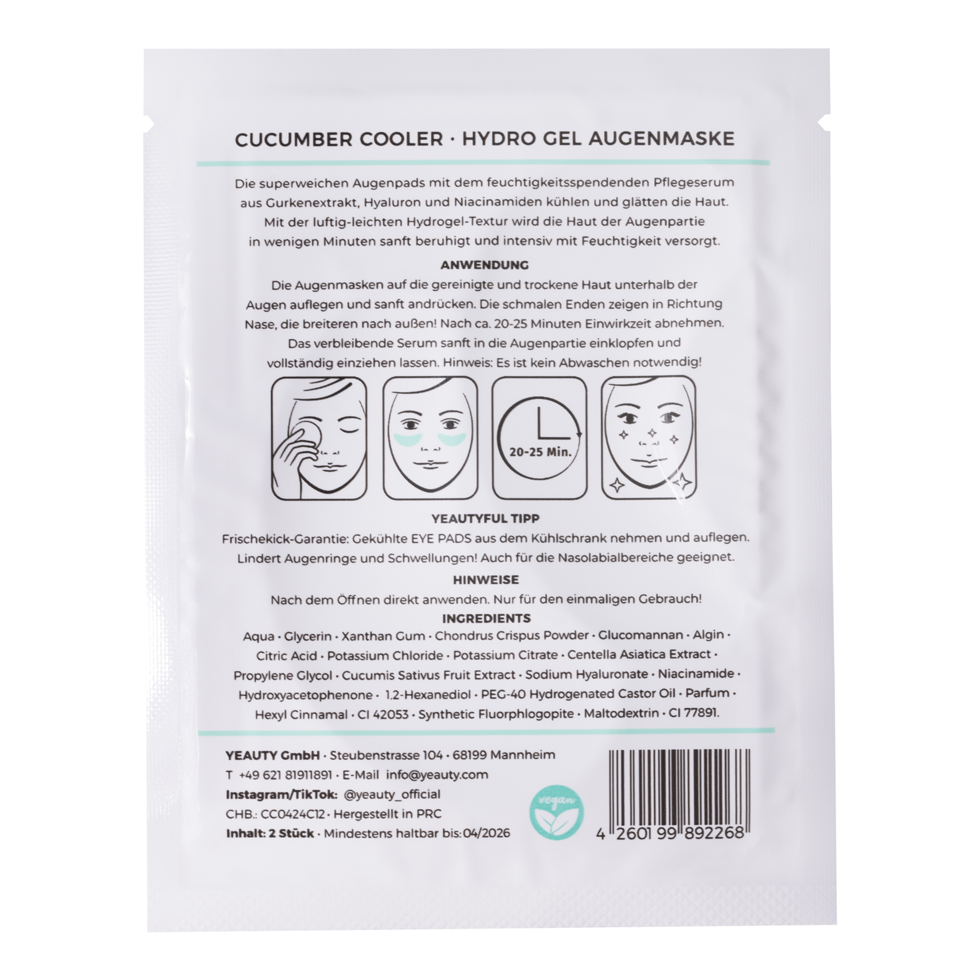 YEAUTY Eye Pad Mask Cucumber Cooler - 1 Paar