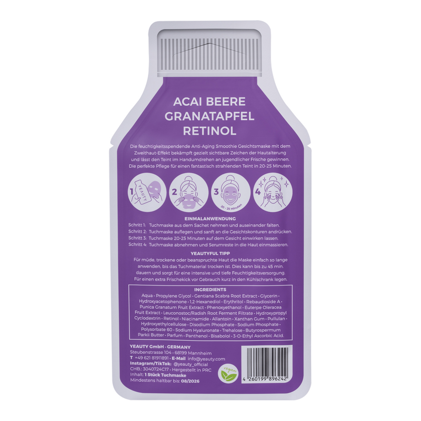YEAUTY Tuchmaske Acai Berry Pomegranate Retinol - 1 Stück